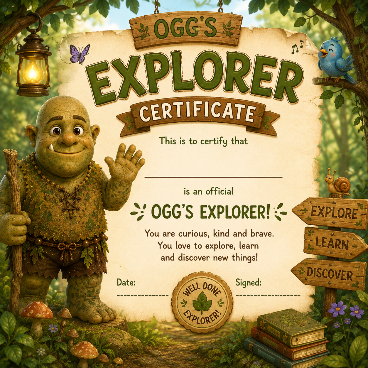 OGG's Explorer Certificate — free printable from Mythical Land