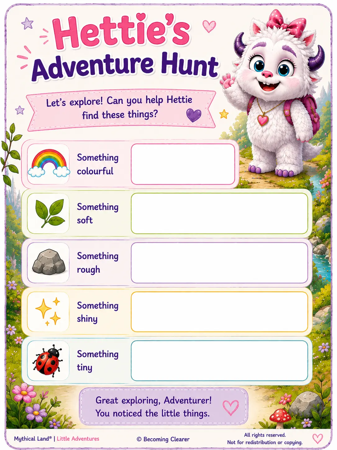 Hettie's Adventure Hunt — free printable from Mythical Land