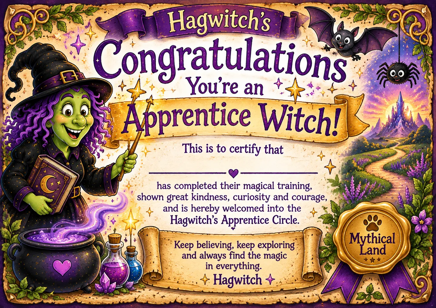 Hagwitch's Apprentice Witch Certificate — free printable from Mythical Land