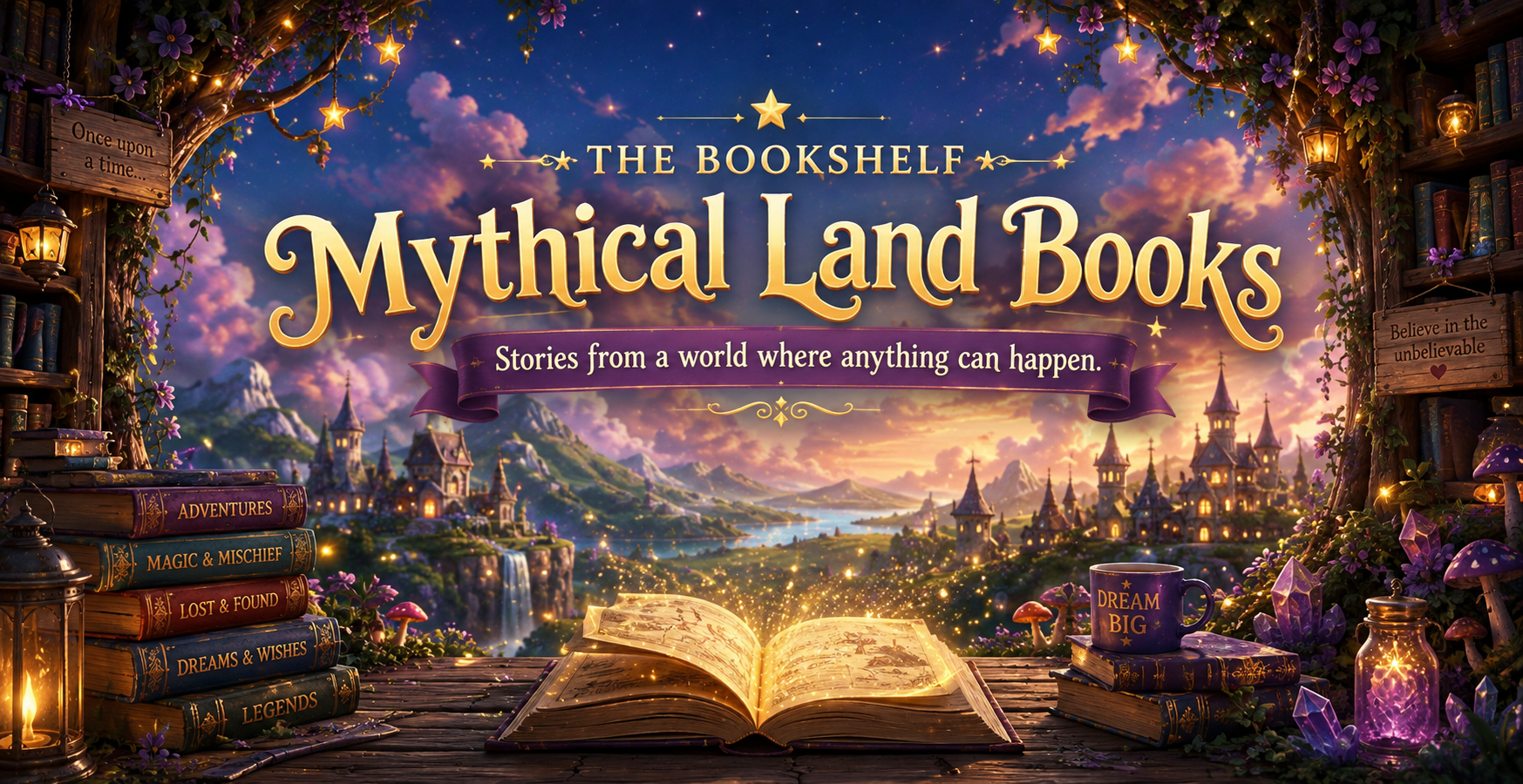 The Mythical Land Books — illustrated bookshelf banner
