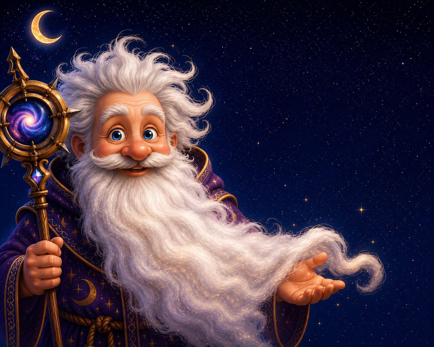 Old Man Time holding a starry staff beneath a crescent moon